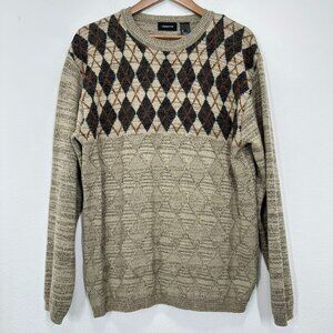 Vintage Men's Grandpa Sweater Argyle Geometric Print Brown Tan Size L Wool Blend